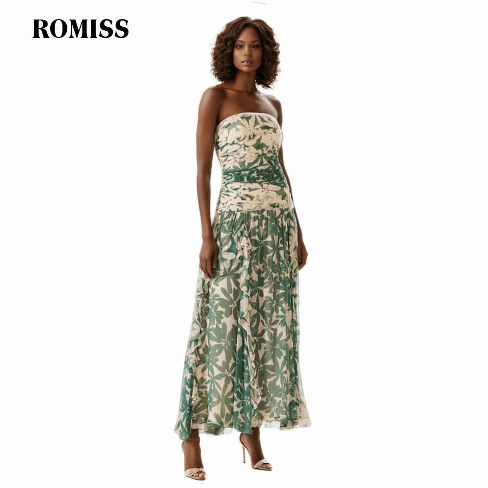 

ROMISS Colorblock Printing Slim Dresses For Women Strapless Sleeveless Backless High Waist Temperament Dress Female New