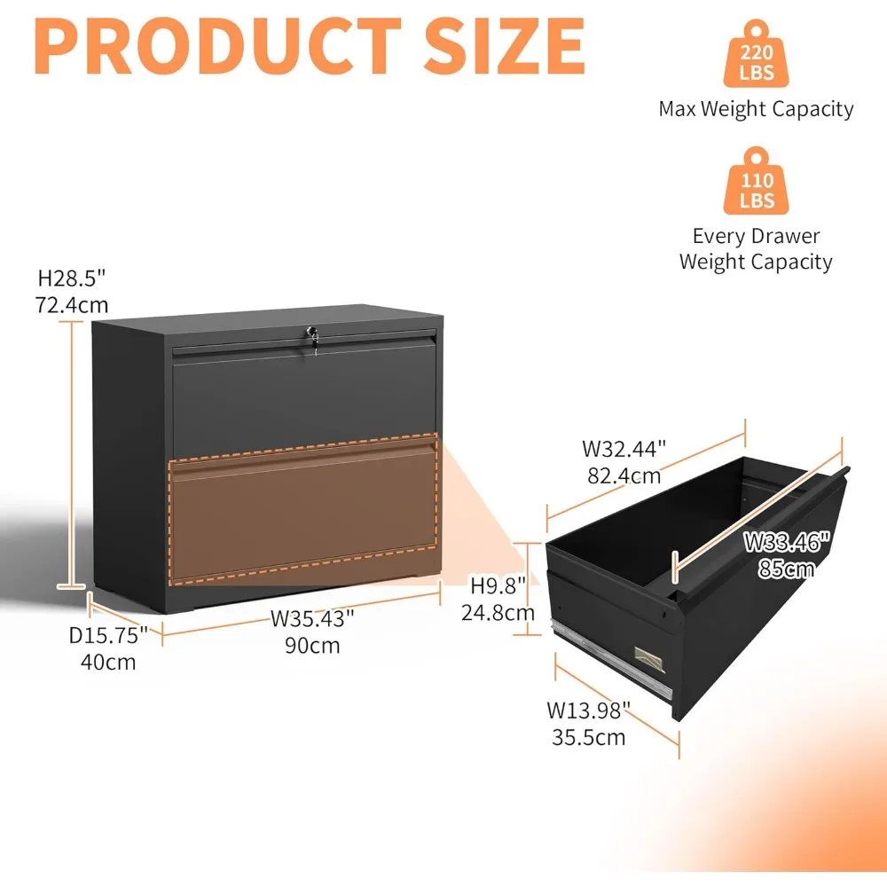 خزانة ملفات معدنية قابلة للقفل بدرجين لملفات القانونية والحروف، تصميم حديث، أسود، تخزين آمن للمستندات