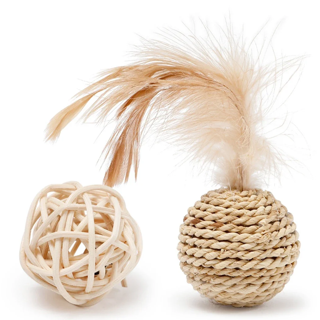 Pet rattan bola com pena falsa, brinquedo interativo para gato e gatinho, 2pcs