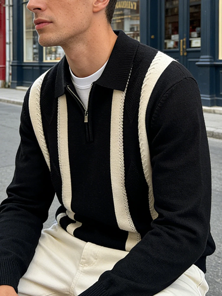 

Vintage Striped Patchwork Polo Sweaters Men Spring Daily Casual Long Sleeve Zip-up Lapel Sweater Fashion Mens Knitted Jumper Top