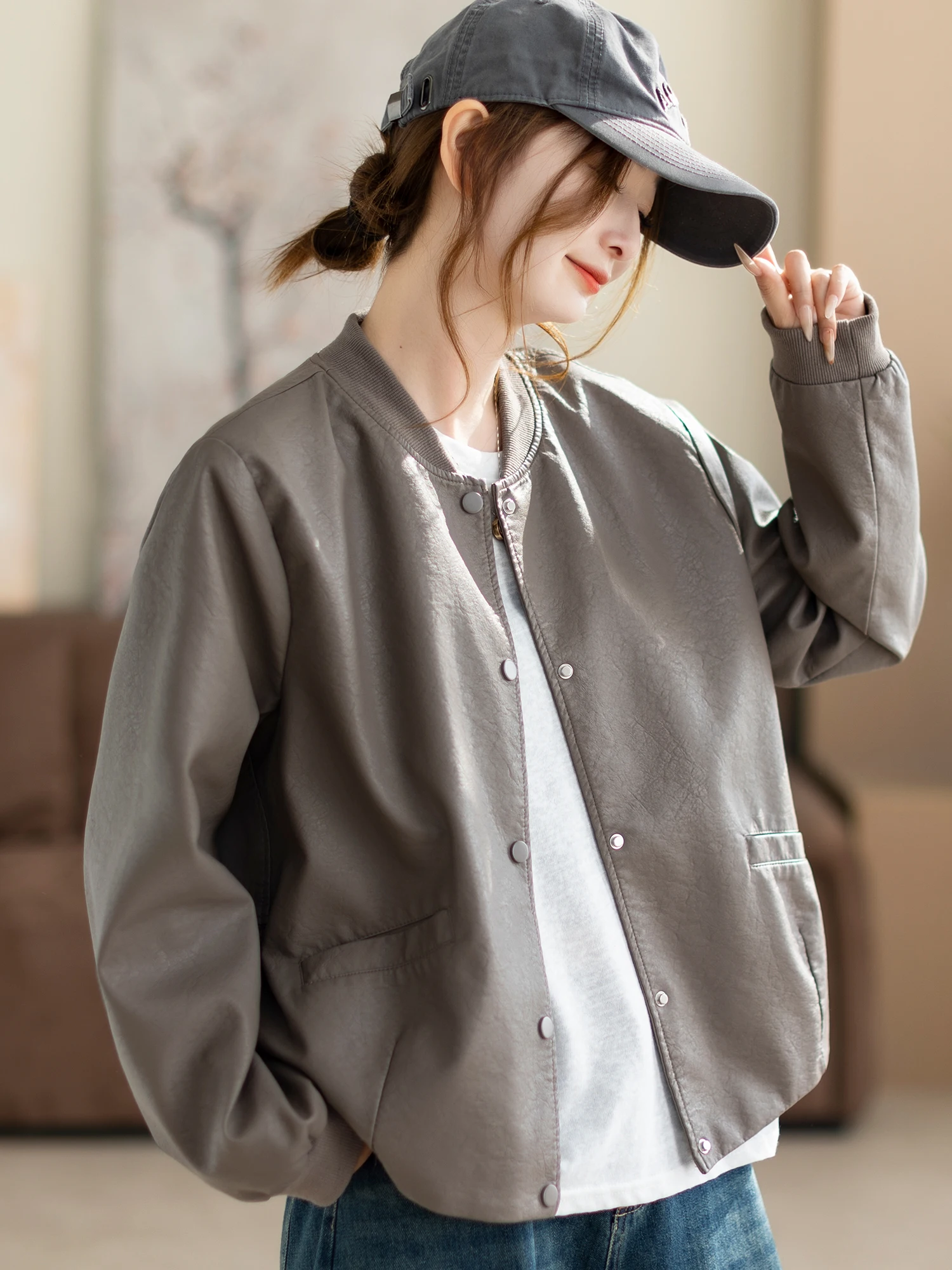 جاكيت نسائي كاجوال من الجلد الصناعي، جديد لفصلي الربيع والخريف، بأكمام طويلة وياقة مستديرة، بلون واحد، معطف أنيق للسيدات