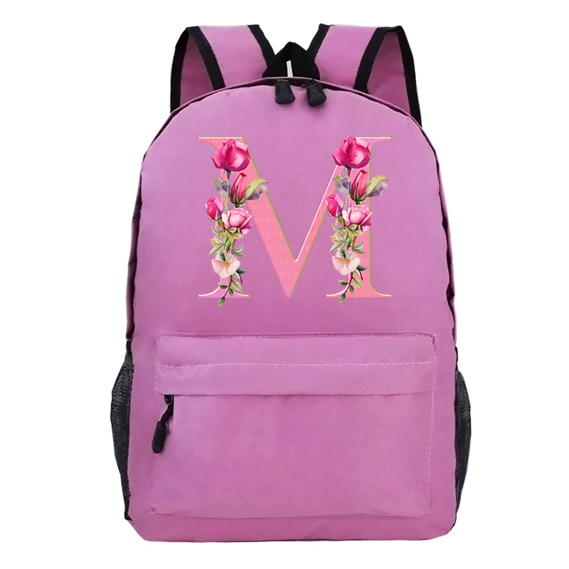 Students Girls A-Z 26 Alphabet Pink Flower School Bag Trendy Letters A B C D Floral Monogram Backpacks for School Teenage Girls