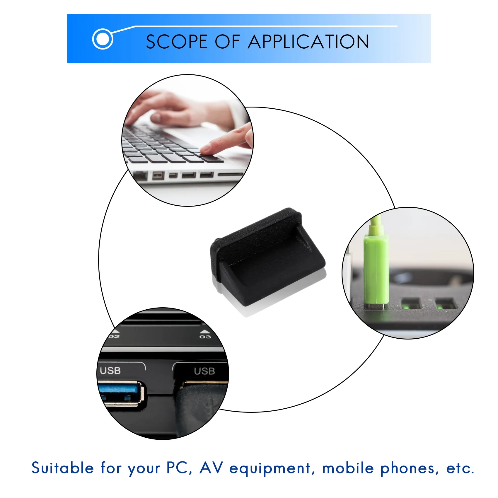 黒のシリコンUSBポートプラグ,防塵プラグ,保護キャップ,10個