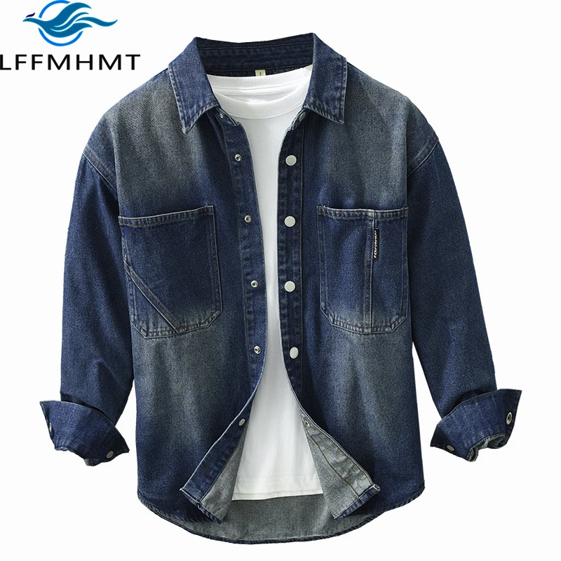 6980 100% Cotton Men\'s Casual Denim Coat Spring Fashion High Quality Long Sleeve Shirt Vintage Dual Pocket Loose Casual Jean Top