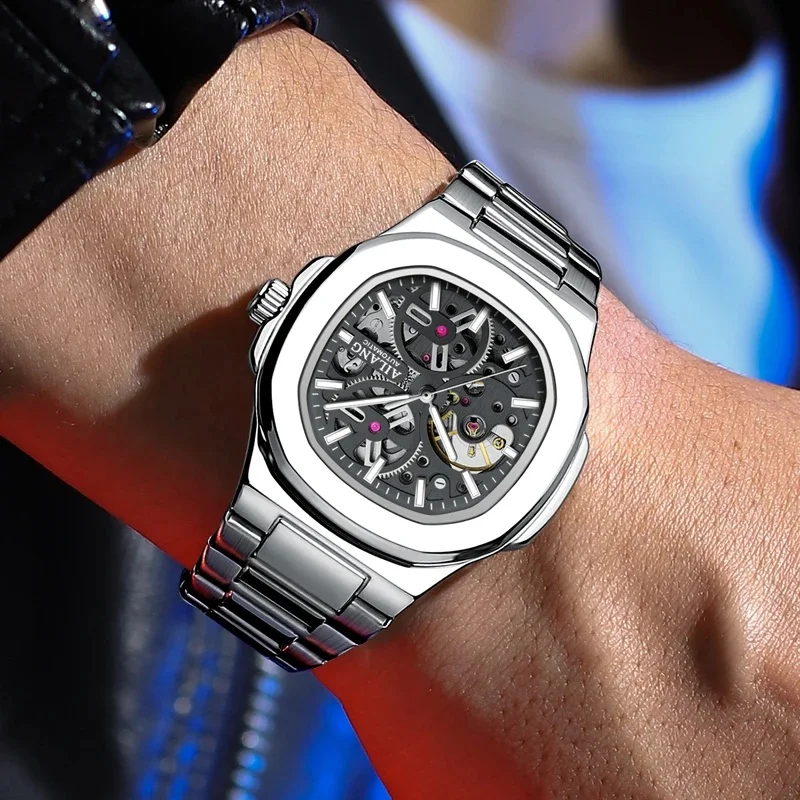 AILANG Brand New Luxury Automatic Skeleton Square Watch Man Stainless Steel Waterproof Mechanical Watches Business Mens Clock