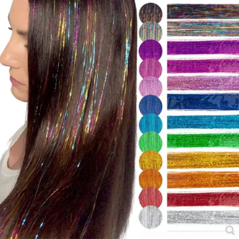 93cm błyszcząca blichtr do włosów tęczowe kolorowe pasma dziewczęce nakrycia głowy Hairbinge włosy laserowe sztuczne doczepy do włosów Decor