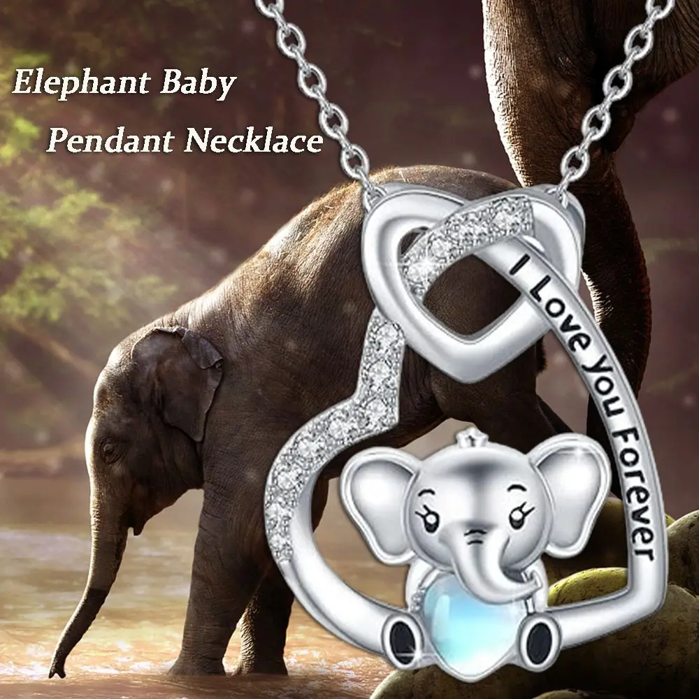 Cute and Fashionable Cartoon Style Moonlight Gemstone Elephant Heart-shaped Pendant Necklace, A Perfect Gift for Your Family