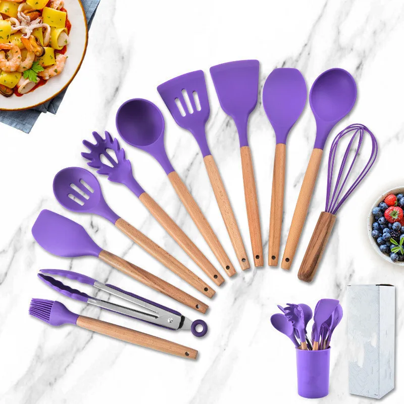 

Non stick pot special shovel kitchenware 12 pieces household cooking spoon heat-resistant wooden handle silicone spatula set