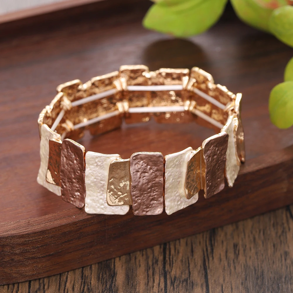 Fashion Geometric Elastic Strand Bracelet for Women Accessories New Trendy Alloy Gold Color Bangle Daily Party Prom Jewelry Gift