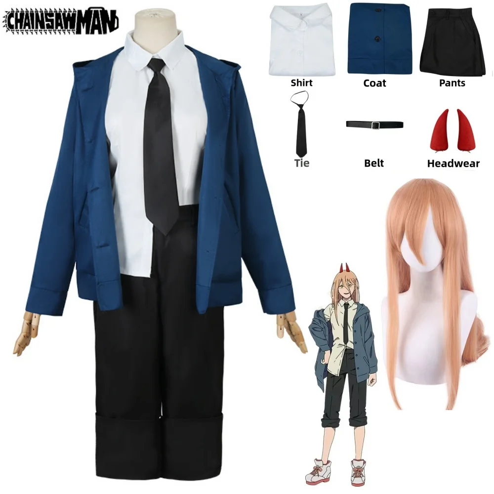 Anime Chainsaw Man Power Cosplay Costume Wig Blue Red Jacket Uniform Outfit Hairpins Blood Fiend Devil Halloween Party for Women