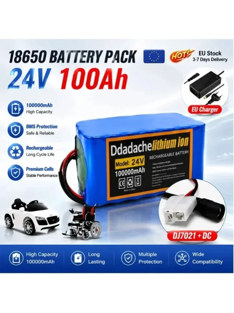 Polski magazyn – zestaw akumulatorów litowych 7S3P 24V 100Ah 18650, wielokrotnego ładowania, wraz z ładowarką 29,4V 2A, przeznaczony do rowerów elektrycznych, skuterów elektrycznych i mopedów – — 2