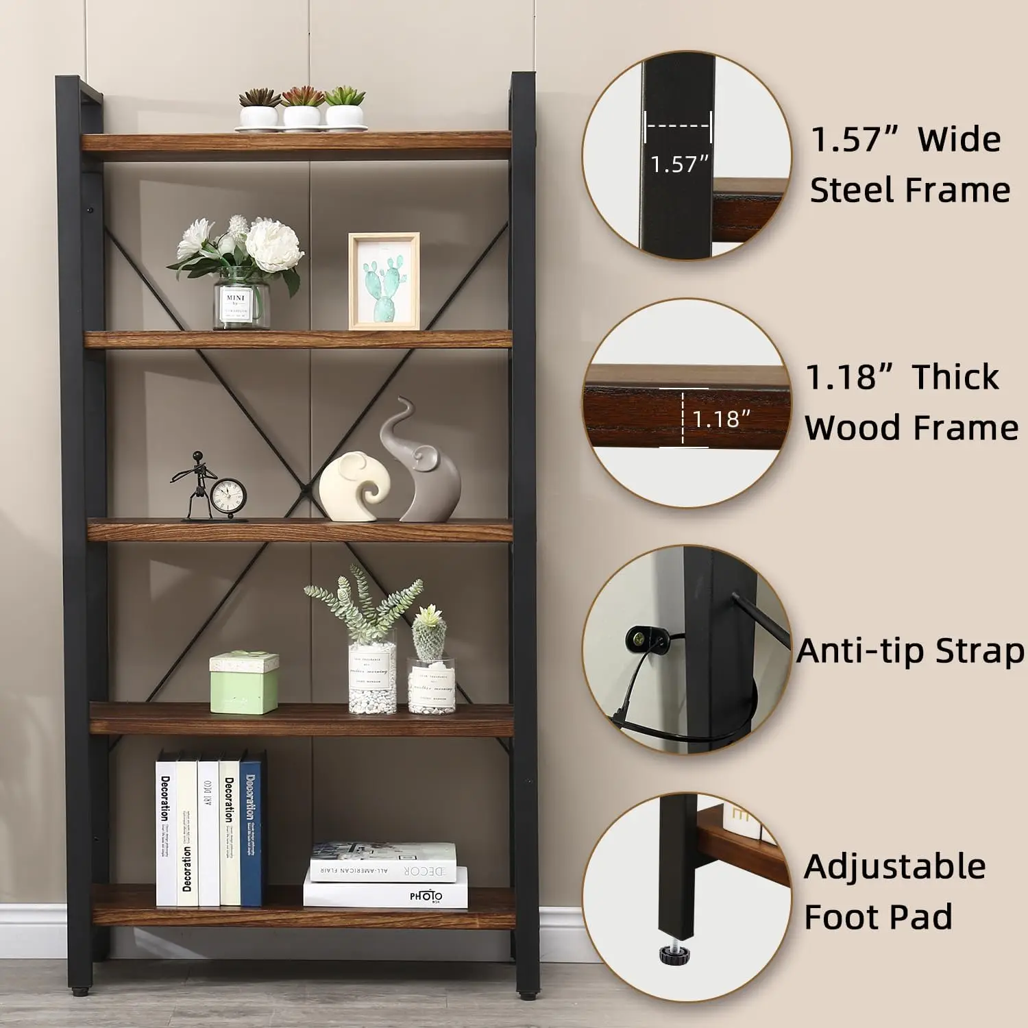 3-5 Tier Bookcase, Solid Rustic Industrial Etagere Bookcase, Metal and Wood Free Vintage Bookshelf, Retro Brown (Real Wood)