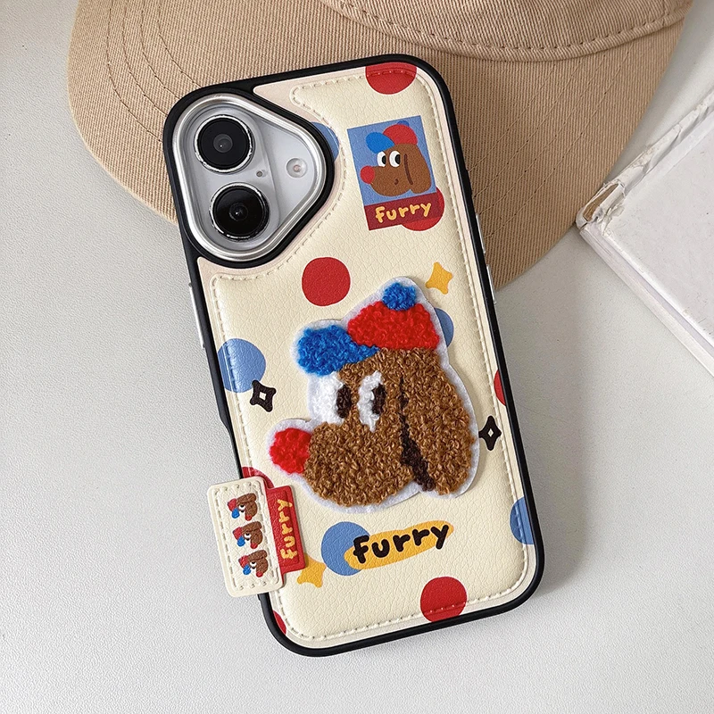 Cute Cartoon Embroidery Bear Dog Leather Case For iPhone 13 14 15 16 17 Pro Max Lovely Soft Silicone Phone Cover
