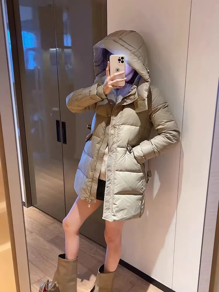 Women\'s Winter Coats New Thicked Warm Hooded Medium-lengthdown Jacket 90 White Duck Down Coat Solid Color Skinny with Belt Slim