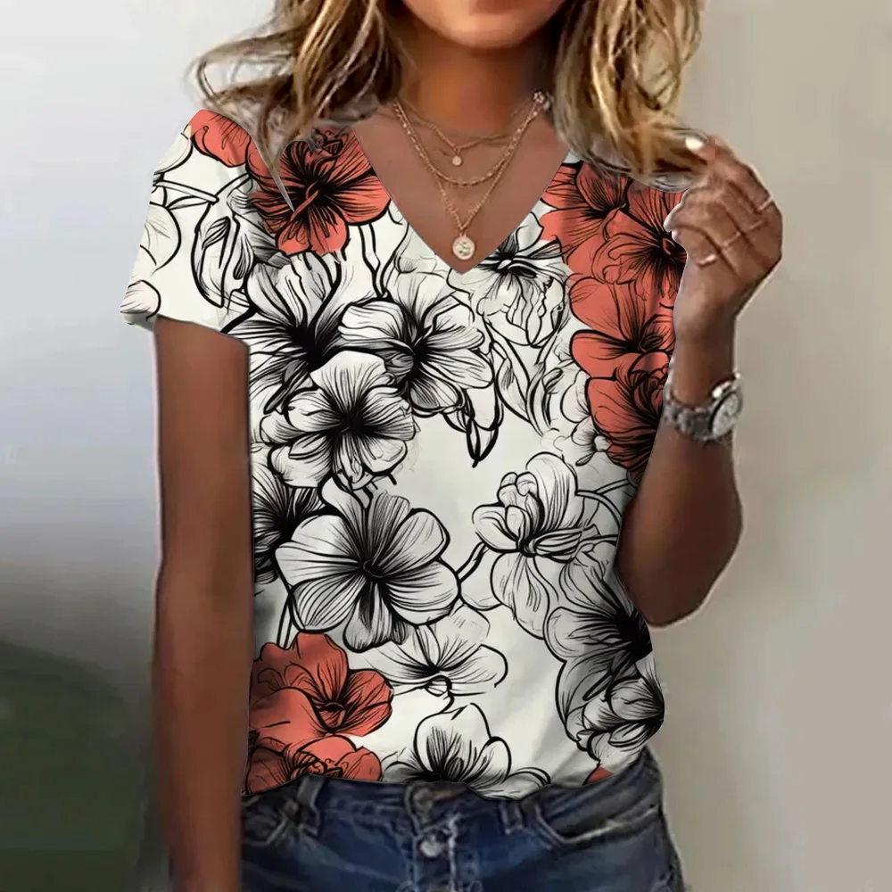 

T-shirt Summer Women Clothing Fashion V-neck Short Sleeve Floral Print Top Casual Loose Clothing Dating Elegant Women T-shirt