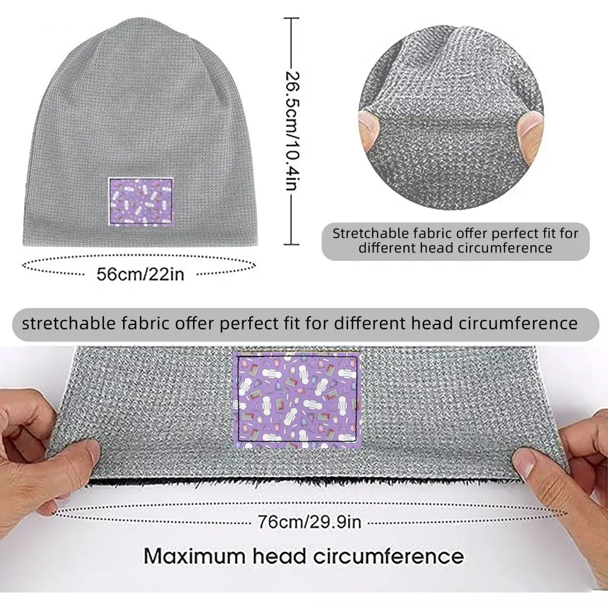 Period Protection, PMS Ready In Purple Waffle Knit Fleece Lined Beanie with PU Leather Patch Unisex Warm Winter Soft Cap