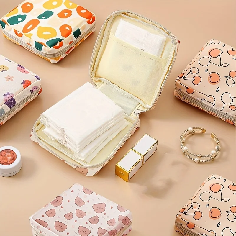 1/2pcs Cute Cartoon Sanitary Pad Storage Pouch, Large Capacity Menstrual Pad Organizer Bag, Portable Travel Pouch for