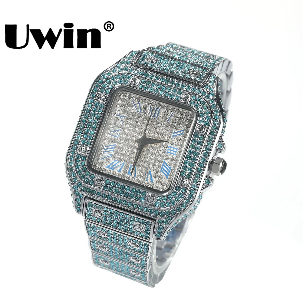 Imagem -02 - Uwin Azul Strass Relógio de Luxo Diamante Relógio de Pulso Grande Rosto Quadrado Cheio Bling Iced para Fora Relógio para Homem Hip Hop Rapper Presente