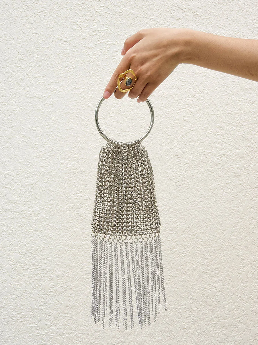 Silver Ring Handbag Chain Small Bag Metal Mesh Bag Hollow Pendant Long Fringe Niche Design Dinner Bag