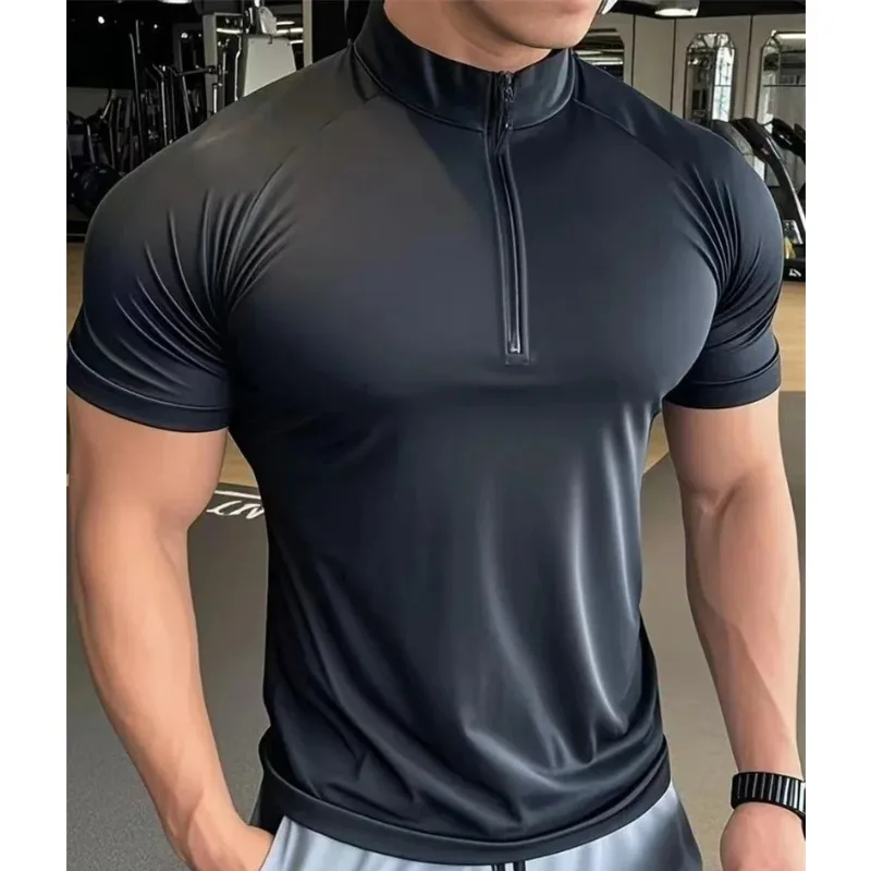 

Men's sports T-shirt Quick Dry Elastic Training Running t Shirt Men Fitness short sleeve Shirt Zippered round neck Tights Tops