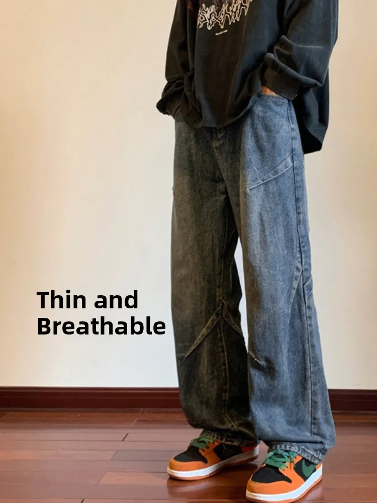 

Retro American Sle Men's Jeans Thin Loose Wide Leg Straight Tube Pants Wear Resistant Lightweight Denim Spring Autumn Wear