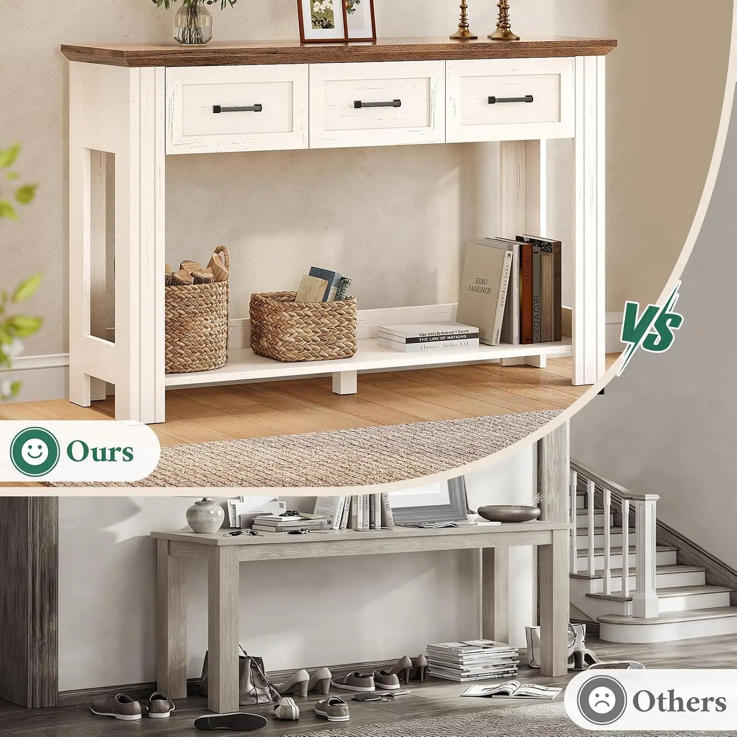 47" Farmhouse Console Table with 3 Drawers & Open Shelf, Rustic Entryway Sofa Table for Living Room & Hallway, Customized image 5