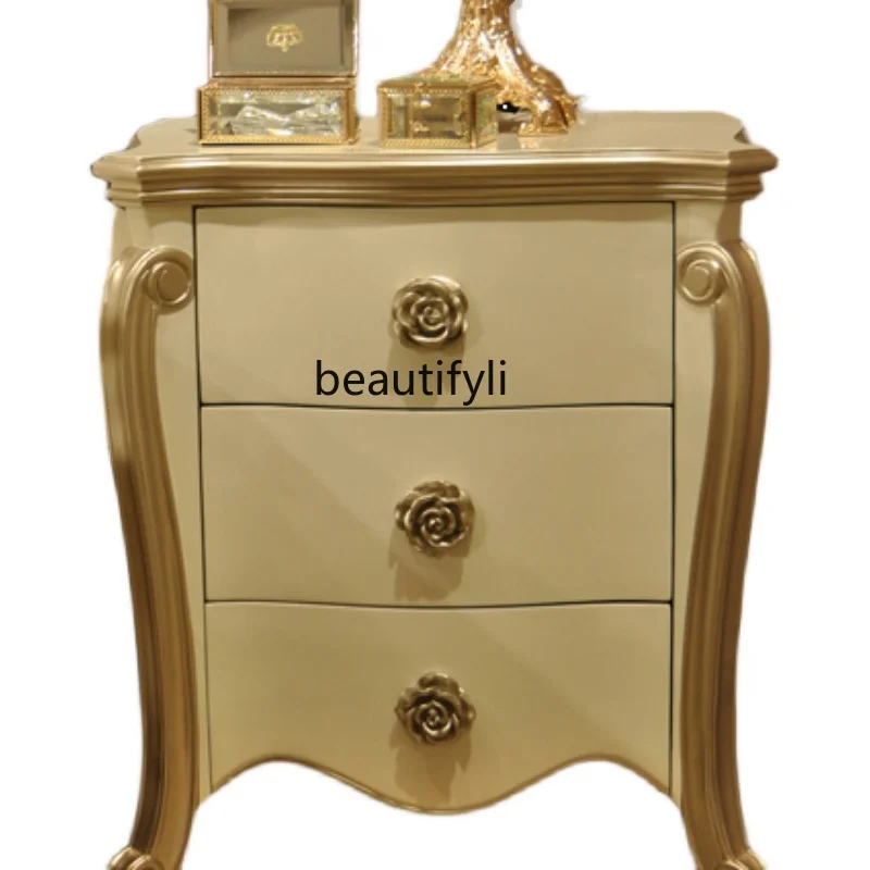 

French Solid Wood Light Luxury Bedside Locker Simple Carved Paint Modern Chest of Drawers