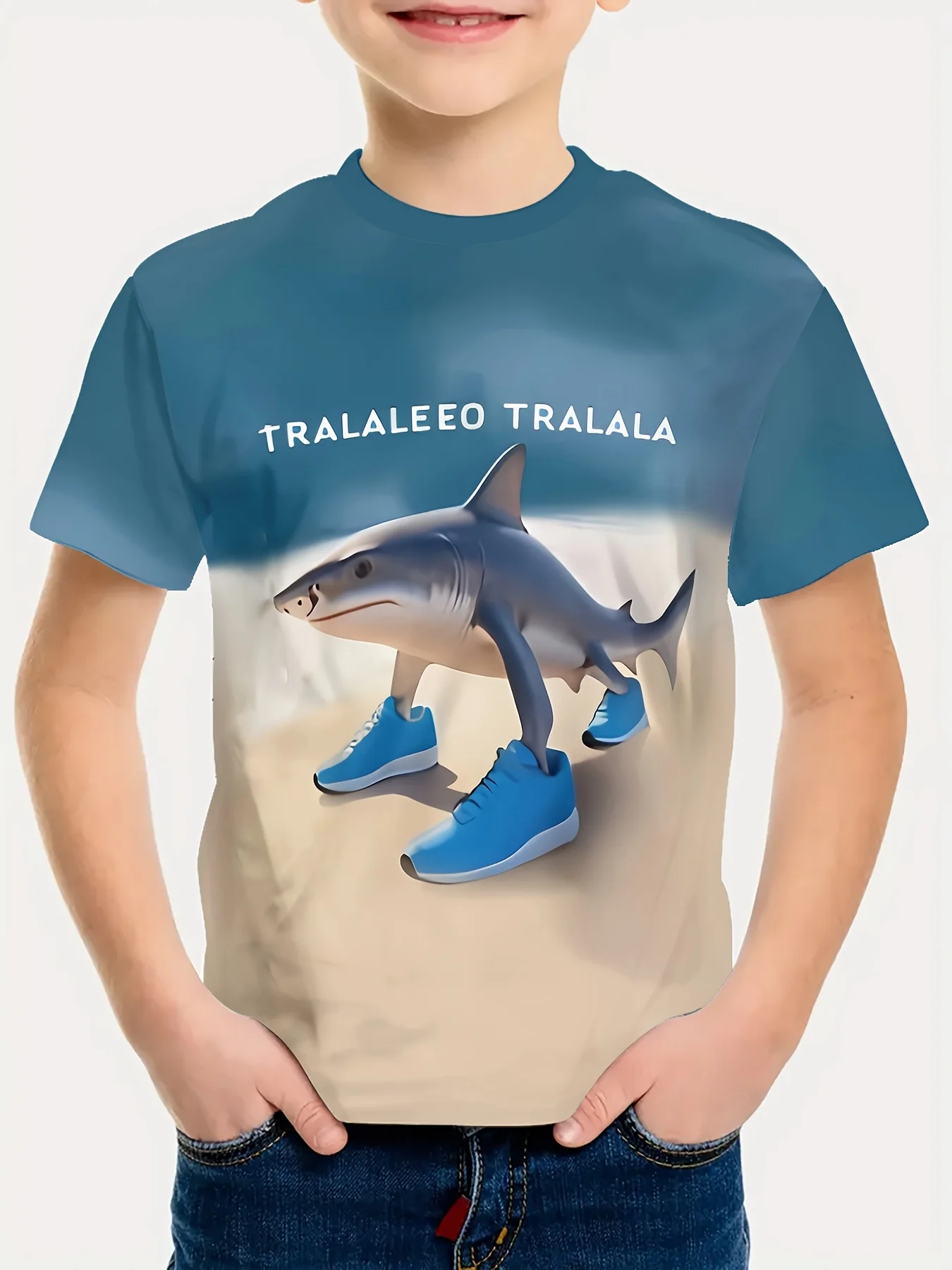 

One Cute 3D Shark Sports Shoe Pattern T-Shirt, Suitable for Teen Boys - "Tralaleo Tralala" Text, Comfortable Polyester, Summer