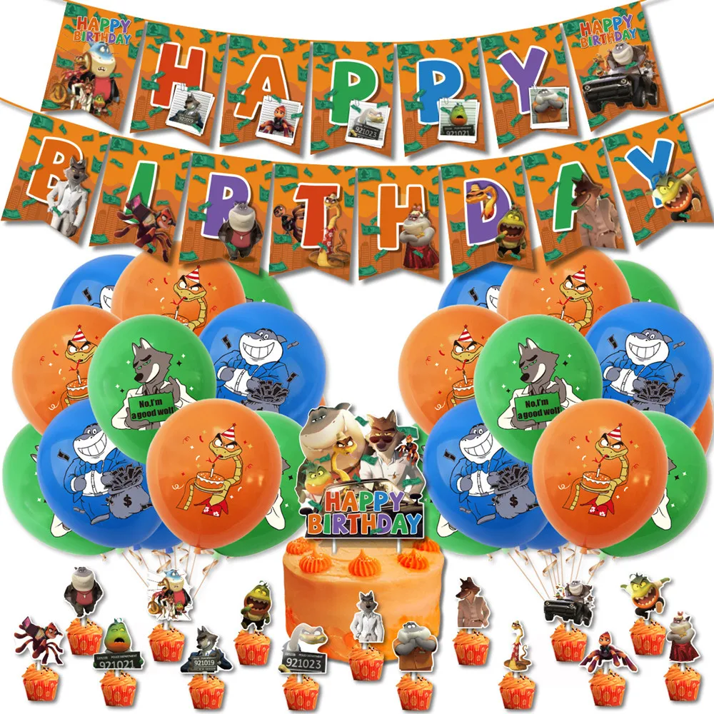 Cartoon Movie The Bad Guys Theme Balloon Set Party Supplies Happy Birthday Banner Latex Balloon Decoration Cake Topper Kids Toys