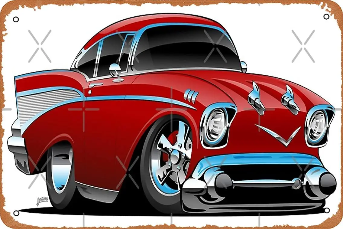 Classic hot Rod 57 Muscle car, Low Profile, Big Tires and Rims, Candy red Cartoon Poster Metal Tin Sign; Vintage Retro Man