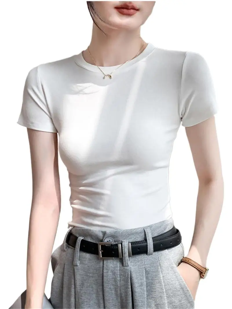 

Summer New Knitted Cotton White Round Neck Tops Tight Fitting For Women Advanced Sense Versatility Solid T-Shirts Blouses