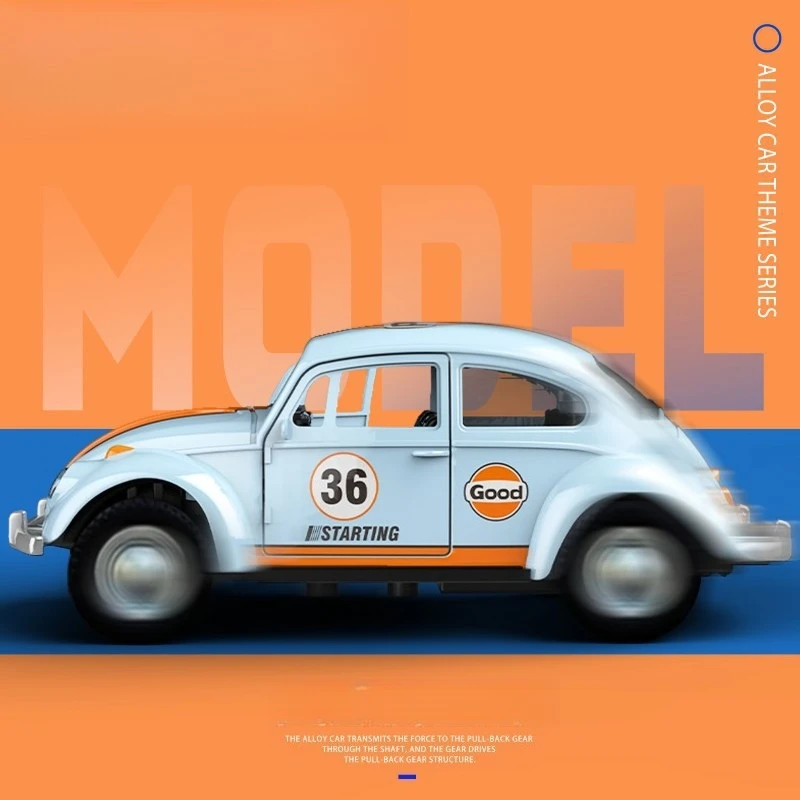 1:36 Klasyczny retro model samochodu Golf Beetle z 1955 roku, ze stopu, z napędem pull-back, zabawka dla chłopców, model samochodu dla dzieci, symulacja