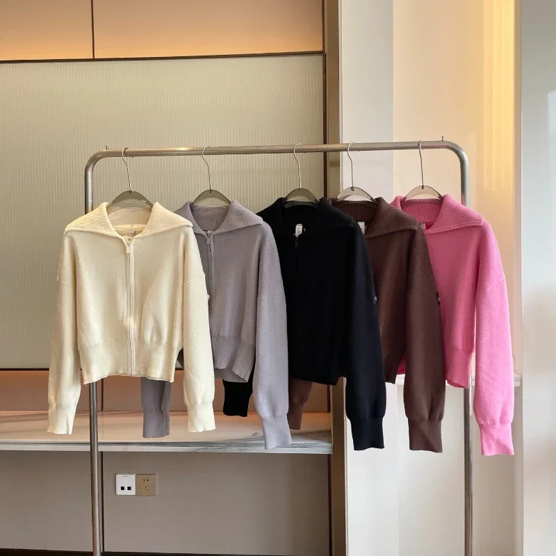 

Женский вязаный кардиган с отложным воротником, модный корейский укороченный кардиган на молнии, дышащий, разноцветный, с длинными рукавами, топ-жакет