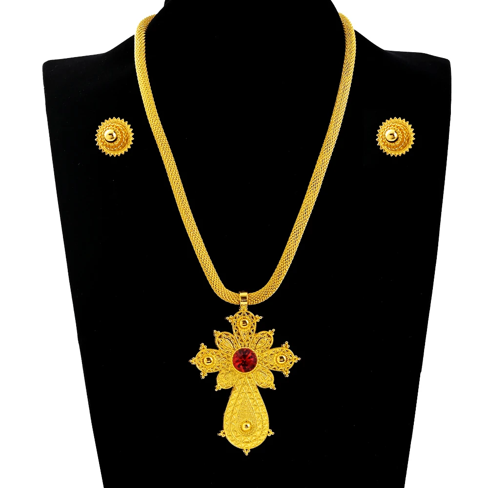 Big Cross Pendant and 2cm Earrings Women Choker Ethiopian Jewelry Sets Eritrean African Habesha