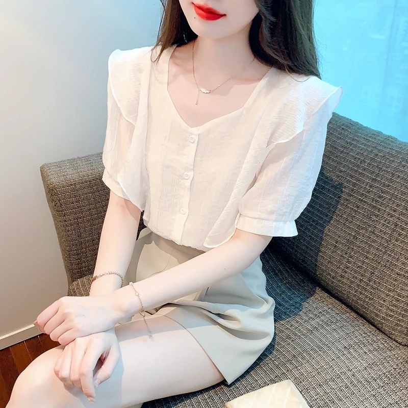 Casual Fashion Square Collar Ruffled Blusa Women's Summer New Blouse Chiffon Short Sleeve Shirt