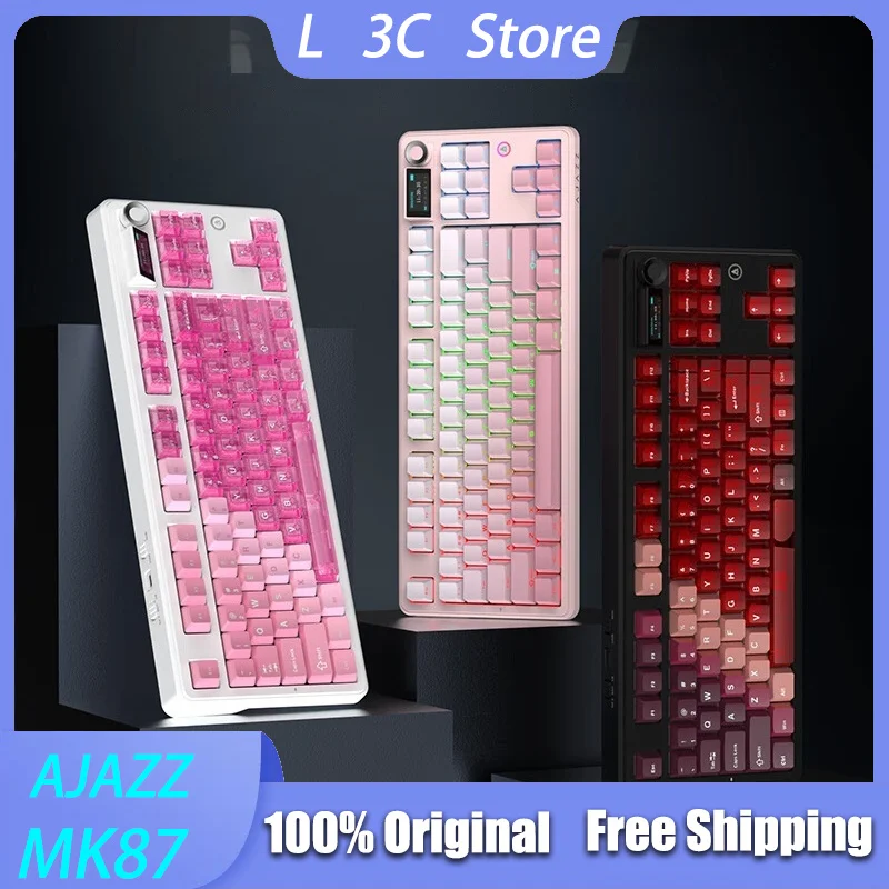 AJAZZ MK87 Gaming Wireless Keyboard Tri-mode Bluetooth Gasket 10000mAh Battery RGB Light Keyboard TFT Screen Keyboards with Knob