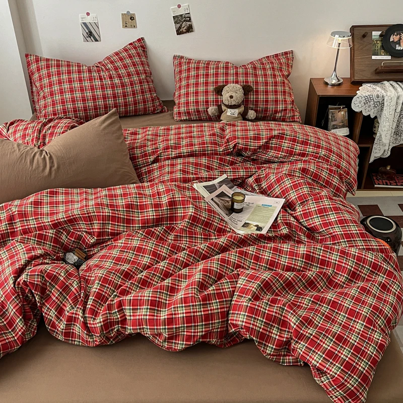 Juego de cama Vintage de doble cara a cuadros rojos, funda nórdica suave y agradable para la piel con sábana y fundas de almohada para individual y doble