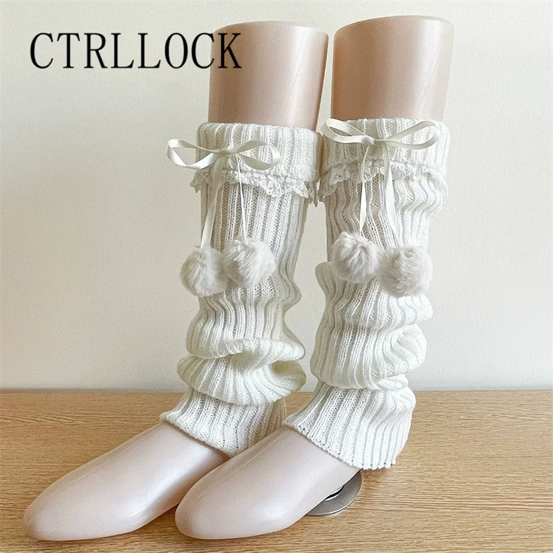 Y2k Furry Ball Leg Warmers Cute Bow Lace Middle Tube Knitted Layers Leg Warmers