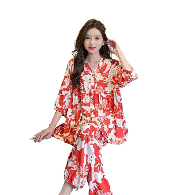 Summer New Korean Version of Internet Celebrity Floral Cotton and Silk Pajama Set, Thin Large Size Can Be Worn Outside Underwear
