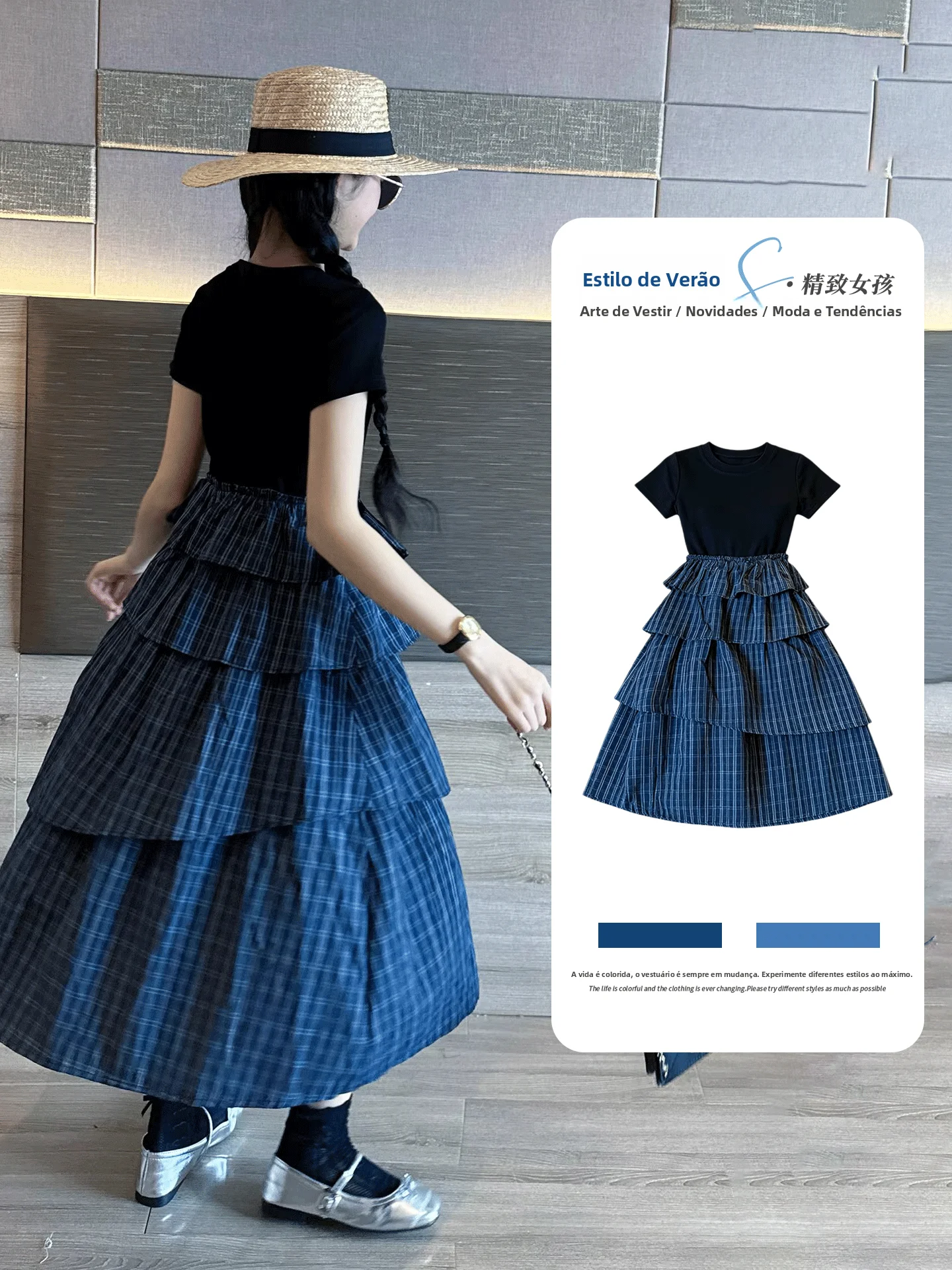 trendy-plaid-dress-short-sleeve-casual-style-for-big-girls-children's-clothing-summer-outfit-korean-version-midi-skirt