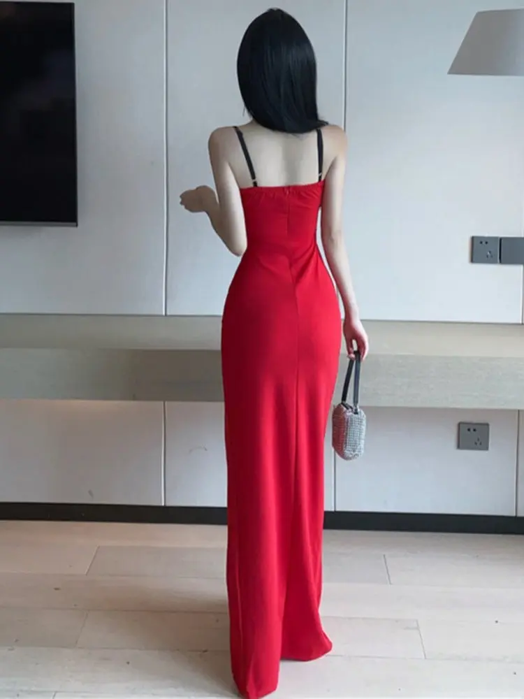 فستان كوكتيل أحمر فاخر للنساء ريترو دانتيل بألواح انقطاع فتحة جانبية رسن رسمي أنيق للحفلات فستان ضيق للحفلات الراقصة
