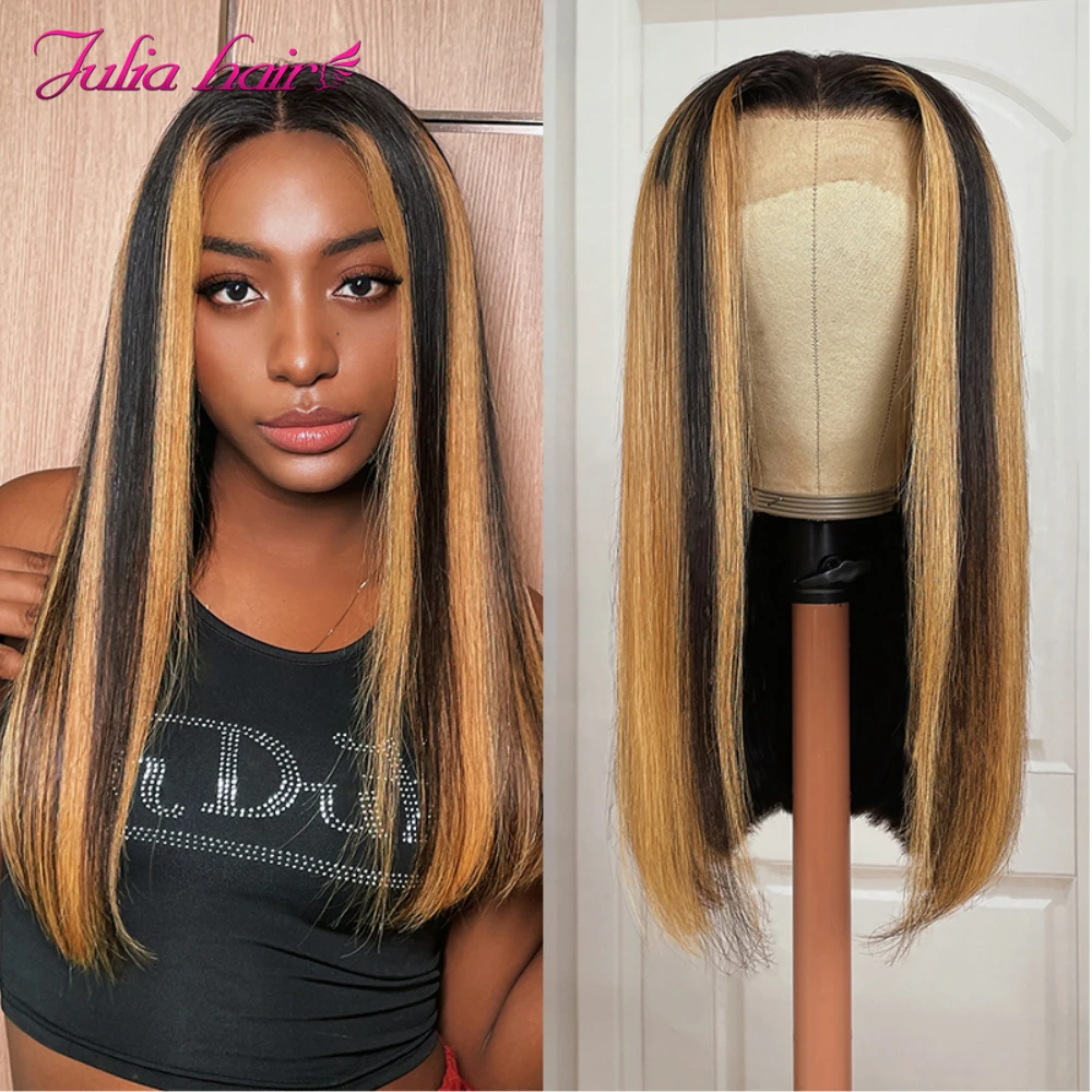 

Julia Hair Piano Highlights Lace Front Wig 150 Density Brazilian Straight Black Root Blonde Wig Human Hair Wigs With Baby Hair