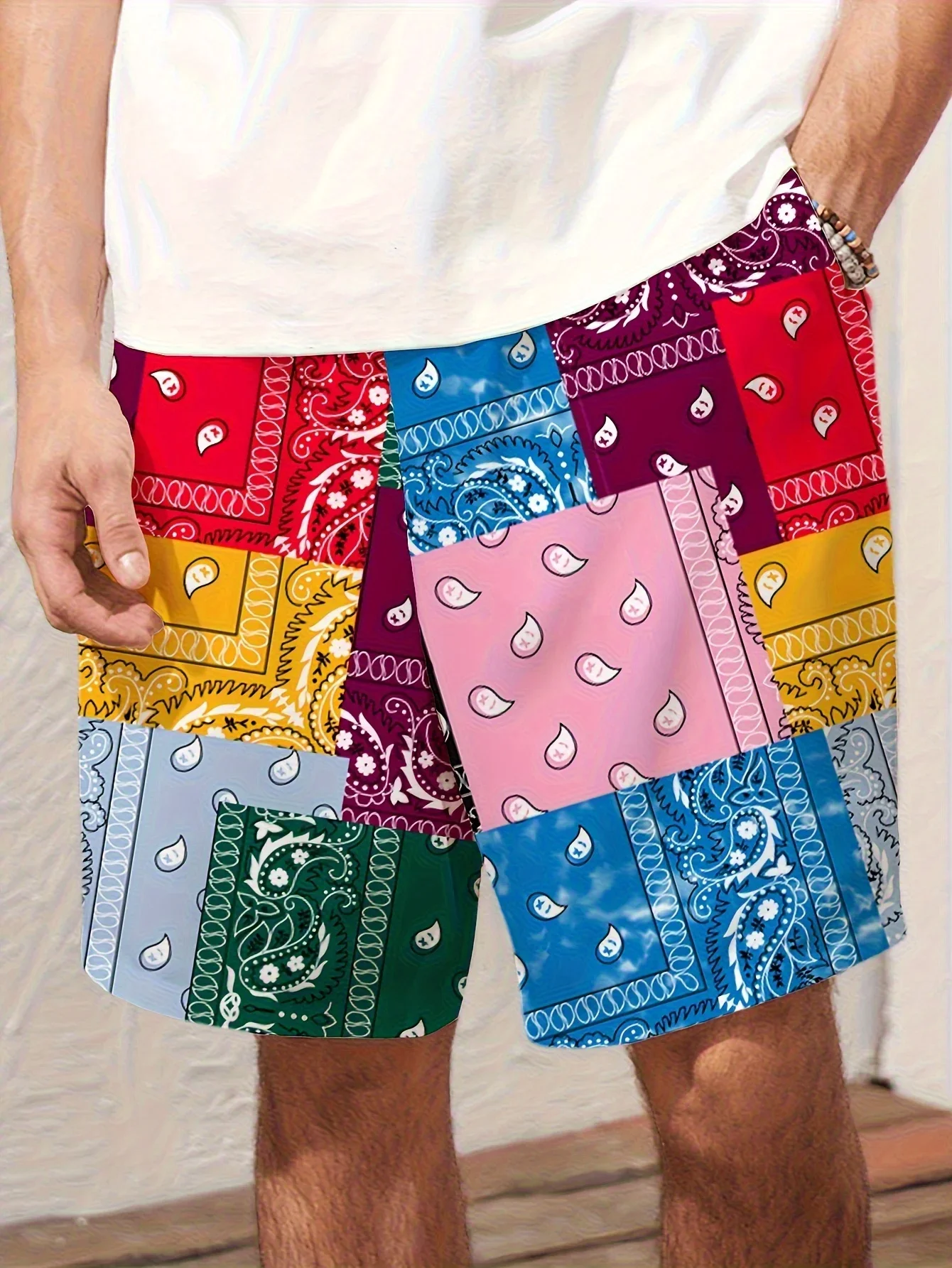 Must Have Daily Hawaii Swim Shorts Vintage Patchwork Bandana Print Elastic Tie Light Packable Vacation Shorts