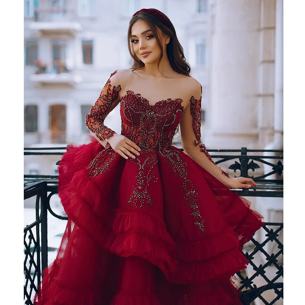 KSDN Luxury Evening Dress Red Ankle-Length Appliques Long Sleeve Organza A-Line Sweetheart Wedding Gown Special Occasion Vestiso