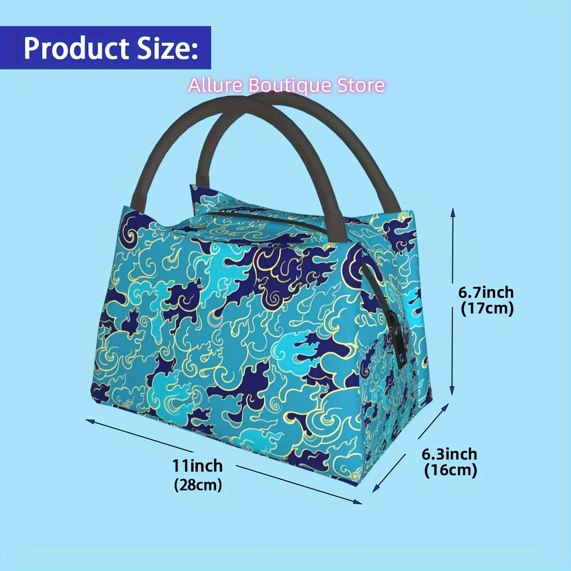 Reusable Insulated Lunch Bag with Thermal Seal Zipper - Blue Flame Pattern High-Quality Lunch Tote for Travel, Office & Picnics