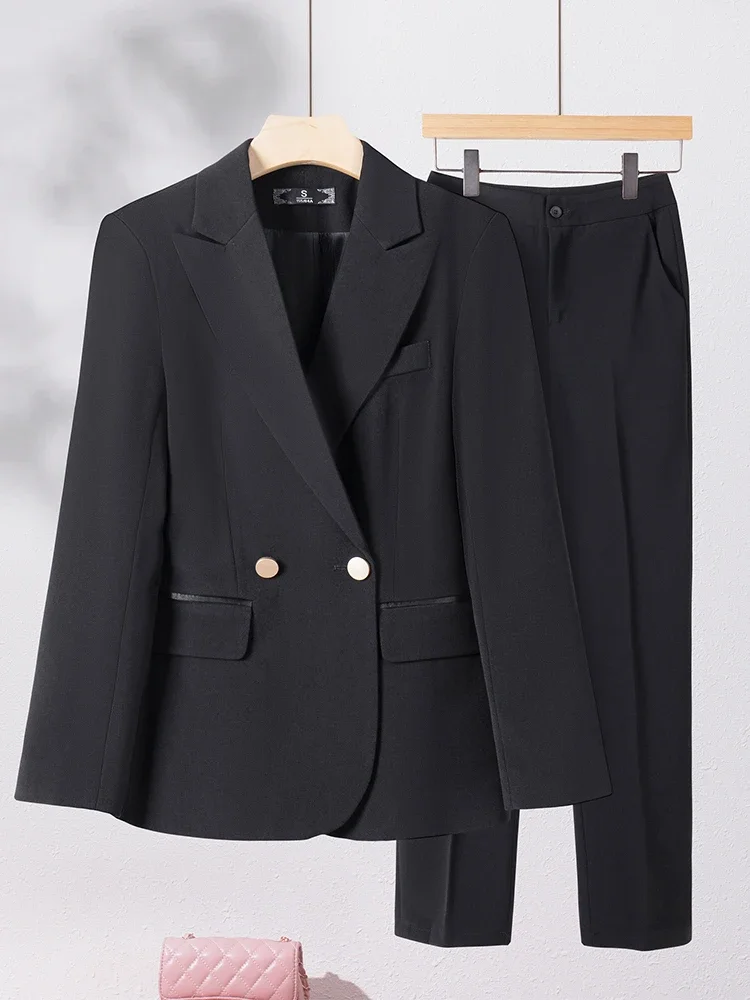 Women Pant Suit Set Jacket+Trouser Formal Office Lady Work Wear 2 Piece Solid Color Black Green Purple Khaki Business Blazer