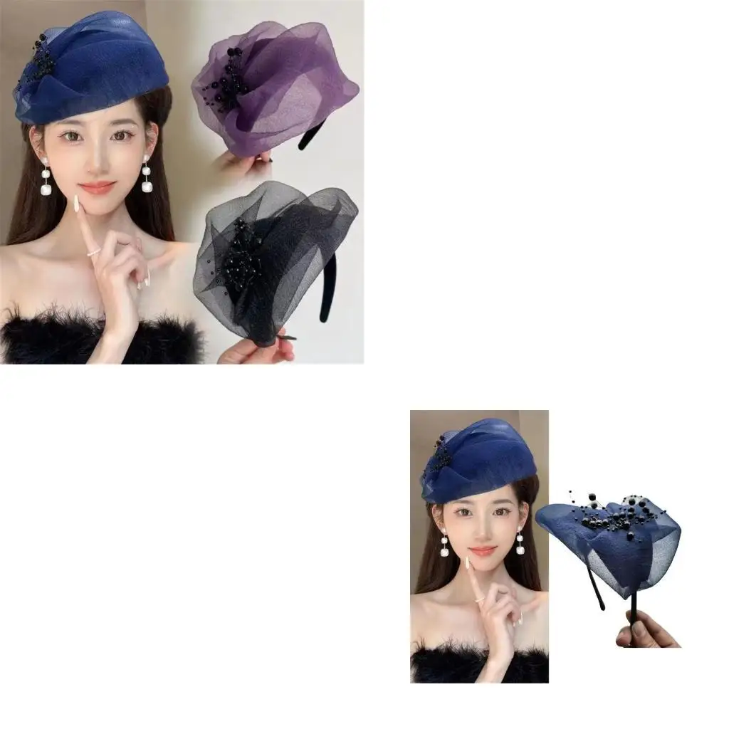 

652F Fashion Women's Beaded Fascinator Hat and Headband Hair Decoration for Parties