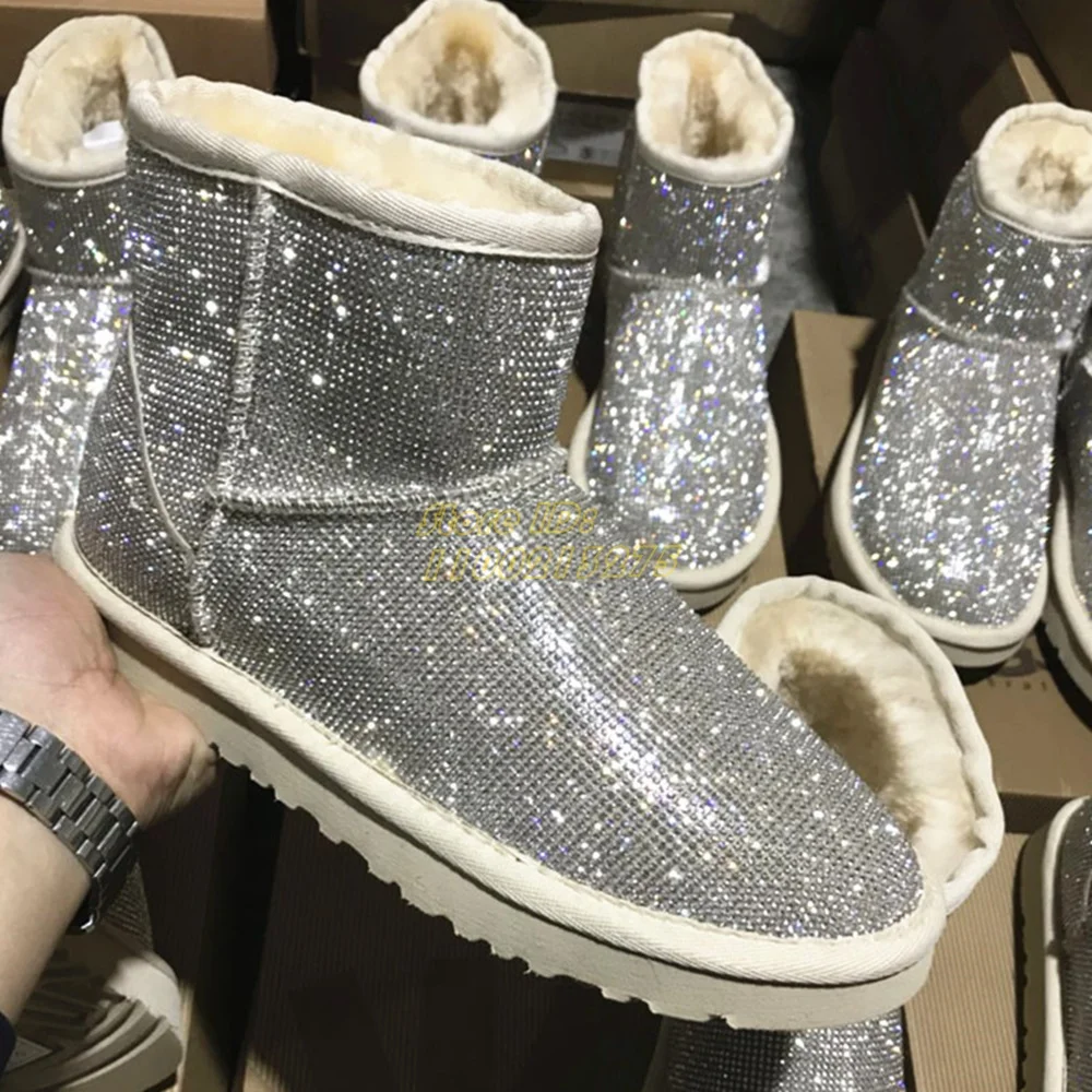 Crystal Snow Boots Round Toe Fur Lining Silver Gold Ankle Fashion 2024 Winter Bling Bling Women Shoes Flat