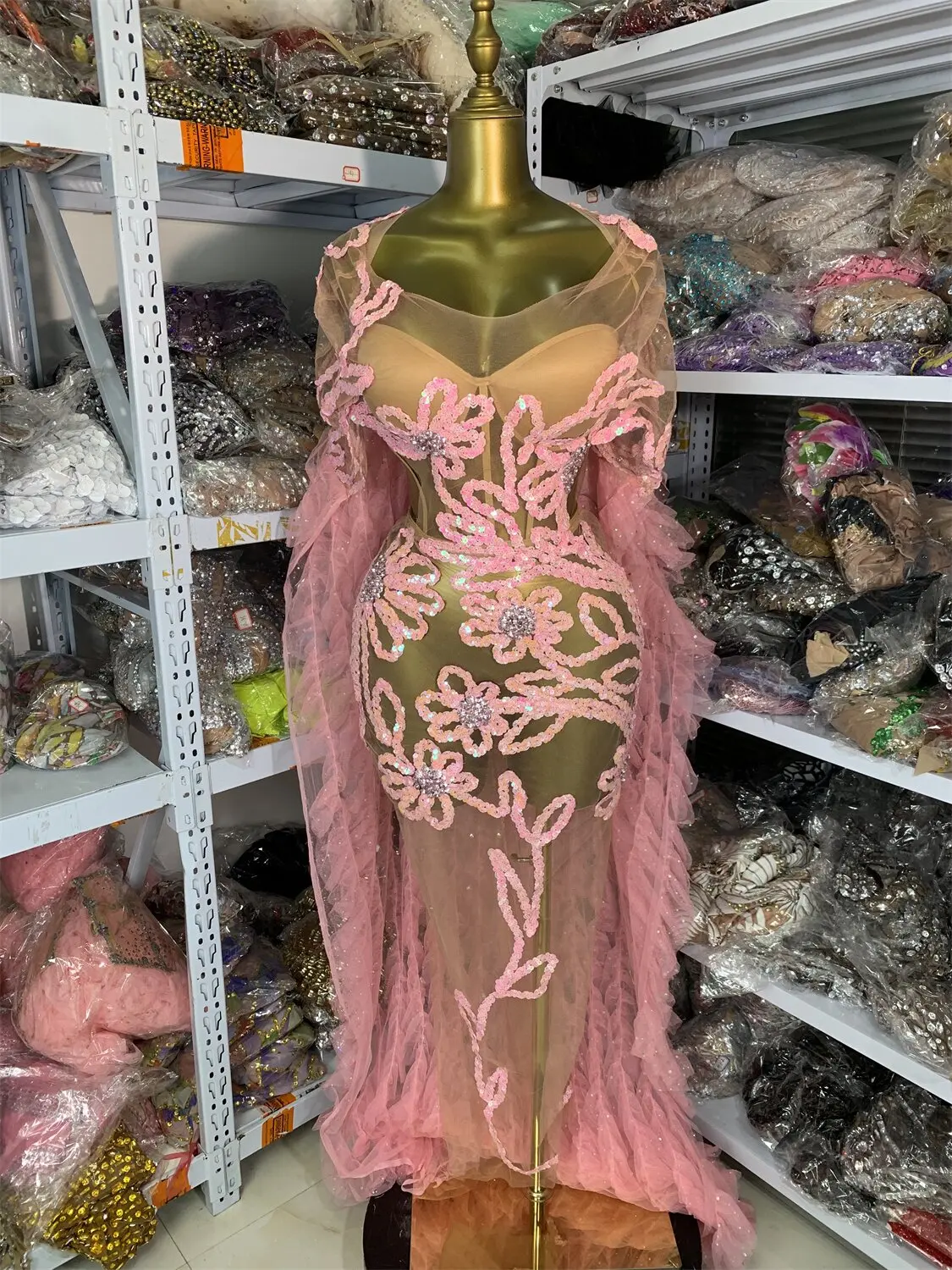 

Заводская распродажа, женское роскошное вечернее платье с розовым цветком и блестками, сетчатое платье длиной до пола с шалью, сценические костюмы