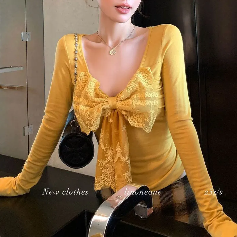 

Stylish Lace Spliced Bow Long Sleeve Pullovers Spring Autumn Hotsweet V-Neck Women's Clothing Slim Vintage Solid Color T-shirts